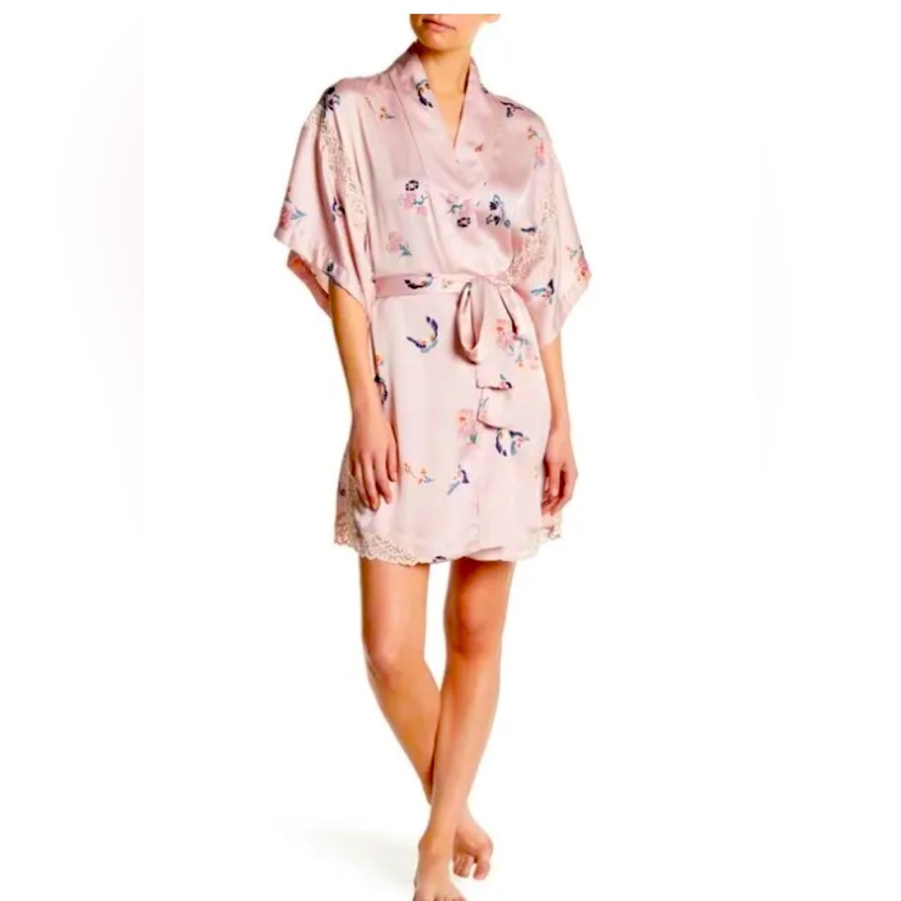 Natori Papillon Butterfly Wrap Short Robe Rose Beige Pink w/ Lace M NEW NWT
